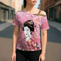 Japanese Geisha Cherry Blossom Cross Shoulder Shirt Pink Palaka Hawaii Pattern Fusion Design