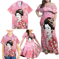 Japanese Geisha Cherry Blossom Family Matching Off Shoulder Maxi Dress and Hawaiian Shirt Pink Palaka Hawaii Pattern Fusion Design