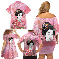 Japanese Geisha Cherry Blossom Family Matching Off Shoulder Short Dress and Hawaiian Shirt Pink Palaka Hawaii Pattern Fusion Design