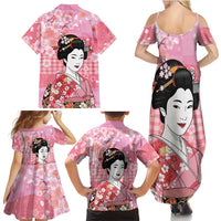 Japanese Geisha Cherry Blossom Family Matching Summer Maxi Dress and Hawaiian Shirt Pink Palaka Hawaii Pattern Fusion Design
