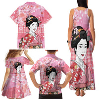 Japanese Geisha Cherry Blossom Family Matching Tank Maxi Dress and Hawaiian Shirt Pink Palaka Hawaii Pattern Fusion Design