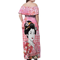 Japanese Geisha Cherry Blossom Off Shoulder Maxi Dress Pink Palaka Hawaii Pattern Fusion Design