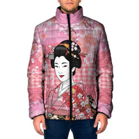 Japanese Geisha Cherry Blossom Padded Jacket Pink Palaka Hawaii Pattern Fusion Design LT19 Men Pink - Polynesian Pride