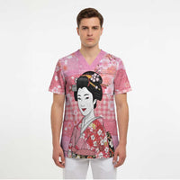 Japanese Geisha Cherry Blossom Scrub Top Pink Palaka Hawaii Pattern Fusion Design LT19 - Polynesian Pride