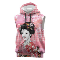 Japanese Geisha Cherry Blossom Sleeveless Hoodie Pink Palaka Hawaii Pattern Fusion Design