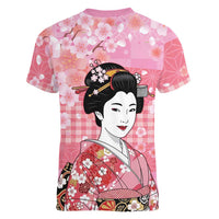 Japanese Geisha Cherry Blossom Women V-Neck T-Shirt Pink Palaka Hawaii Pattern Fusion Design