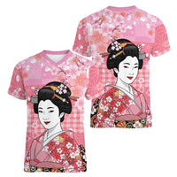 Japanese Geisha Cherry Blossom Women V-Neck T-Shirt Pink Palaka Hawaii Pattern Fusion Design