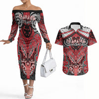 Aotearoa Iwi Te Arawa Personalised Couples Matching Off The Shoulder Long Sleeve Dress and Hawaiian Shirt Maori Kowhaiwhai Pattern LT19 Red - Polynesian Pride