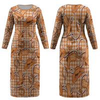 Brown Hawaii Palaka Cowboy Family Matching Long Sleeve Bodycon Dress and Hawaiian Shirt Hawaiian Paniolo Festival Spirit LT19 Mom's Dress Brown - Polynesian Pride