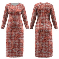 Red Hawaii Palaka Cowboy Couples Matching Long Sleeve Bodycon Dress and Long Sleeve Button Shirt Hawaiian Paniolo Festival Spirit LT19 - Polynesian Pride