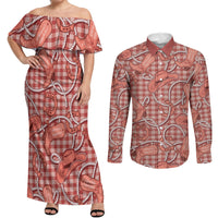 Red Hawaii Palaka Cowboy Couples Matching Off Shoulder Maxi Dress and Long Sleeve Button Shirt Hawaiian Paniolo Festival Spirit LT19 Red - Polynesian Pride