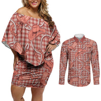 Red Hawaii Palaka Cowboy Couples Matching Off Shoulder Short Dress and Long Sleeve Button Shirt Hawaiian Paniolo Festival Spirit LT19 Red - Polynesian Pride