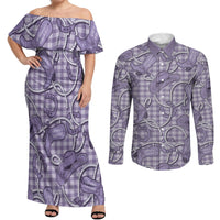 Purple Hawaii Palaka Cowboy Couples Matching Off Shoulder Maxi Dress and Long Sleeve Button Shirt Hawaiian Paniolo Festival Spirit LT19 Purple - Polynesian Pride