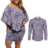 Purple Hawaii Palaka Cowboy Couples Matching Off Shoulder Short Dress and Long Sleeve Button Shirt Hawaiian Paniolo Festival Spirit LT19 Purple - Polynesian Pride
