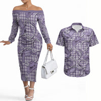 Purple Hawaii Palaka Cowboy Couples Matching Off The Shoulder Long Sleeve Dress and Hawaiian Shirt Hawaiian Paniolo Festival Spirit LT19 Purple - Polynesian Pride