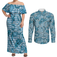 Blue Hawaii Palaka Cowboy Couples Matching Off Shoulder Maxi Dress and Long Sleeve Button Shirt Hawaiian Paniolo Festival Spirit LT19 Blue - Polynesian Pride