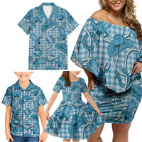 Blue Hawaii Palaka Cowboy Family Matching Off Shoulder Short Dress and Hawaiian Shirt Hawaiian Paniolo Festival Spirit LT19 - Polynesian Pride