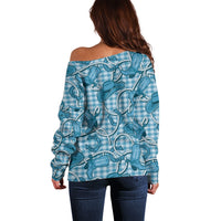 Blue Hawaii Palaka Cowboy Off Shoulder Sweater Hawaiian Paniolo Festival Spirit LT19 - Polynesian Pride