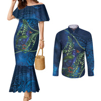 New Zealand Takahe Personalised Couples Matching Mermaid Dress and Long Sleeve Button Shirt Silver Fern Galaxy Polynesian Pattern LT22 Blue - Polynesian Pride