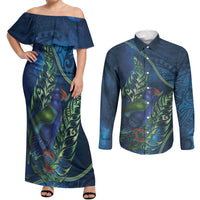 New Zealand Takahe Personalised Couples Matching Off Shoulder Maxi Dress and Long Sleeve Button Shirt Silver Fern Galaxy Polynesian Pattern LT22 Blue - Polynesian Pride