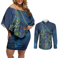 New Zealand Takahe Personalised Couples Matching Off Shoulder Short Dress and Long Sleeve Button Shirt Silver Fern Galaxy Polynesian Pattern LT22 Blue - Polynesian Pride