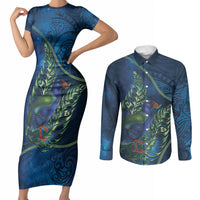 New Zealand Takahe Personalised Couples Matching Short Sleeve Bodycon Dress and Long Sleeve Button Shirt Silver Fern Galaxy Polynesian Pattern LT22 Blue - Polynesian Pride