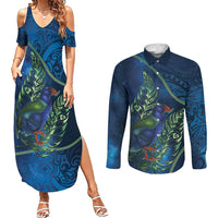 New Zealand Takahe Personalised Couples Matching Summer Maxi Dress and Long Sleeve Button Shirt Silver Fern Galaxy Polynesian Pattern LT22 Blue - Polynesian Pride