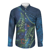 New Zealand Takahe Personalised Long Sleeve Button Shirt Silver Fern Galaxy Polynesian Pattern LT22 Unisex Blue - Polynesian Pride