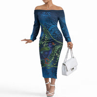 New Zealand Takahe Personalised Off The Shoulder Long Sleeve Dress Silver Fern Galaxy Polynesian Pattern LT22 Women Blue - Polynesian Pride