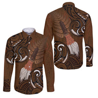 New Zealand Taiaha Family Matching Puletasi and Hawaiian Shirt Maori Weapon Silver Fern Maori Pattern LT22 Dad's Shirt - Long Sleeve Brown - Polynesian Pride