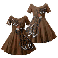 New Zealand Taiaha Family Matching Tank Maxi Dress and Hawaiian Shirt Maori Weapon Silver Fern Maori Pattern LT22 Daughter's Dress Brown - Polynesian Pride