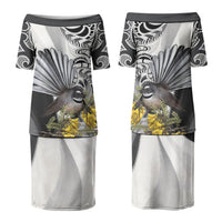 New Zealand Fantail Bird Couples Matching Puletasi and Long Sleeve Button Shirt Maori Piwakawaka Kowhai Maori Pattern