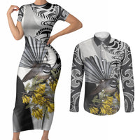 New Zealand Fantail Bird Couples Matching Short Sleeve Bodycon Dress and Long Sleeve Button Shirt Maori Piwakawaka Kowhai Maori Pattern