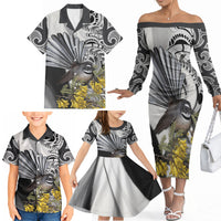 New Zealand Fantail Bird Family Matching Off The Shoulder Long Sleeve Dress and Hawaiian Shirt Maori Piwakawaka Kowhai Maori Pattern