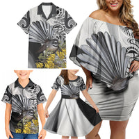 New Zealand Fantail Bird Family Matching Off Shoulder Short Dress and Hawaiian Shirt Maori Piwakawaka Kowhai Maori Pattern LT22 - Polynesian Pride