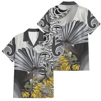 New Zealand Fantail Bird Family Matching Summer Maxi Dress and Hawaiian Shirt Maori Piwakawaka Kowhai Maori Pattern LT22 Dad's Shirt - Short Sleeve Grey - Polynesian Pride