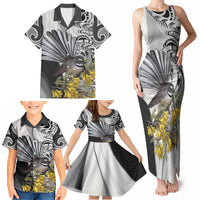 New Zealand Fantail Bird Family Matching Tank Maxi Dress and Hawaiian Shirt Maori Piwakawaka Kowhai Maori Pattern