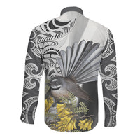 New Zealand Fantail Bird Long Sleeve Button Shirt Maori Piwakawaka Kowhai Maori Pattern LT22 - Polynesian Pride