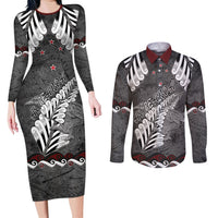 New Zealand Weka Personalised Couples Matching Long Sleeve Bodycon Dress and Long Sleeve Button Shirt Aotearoa Hen Silver Fern Maori Pattern LT22 Black - Polynesian Pride