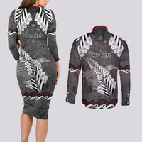 New Zealand Weka Personalised Couples Matching Long Sleeve Bodycon Dress and Long Sleeve Button Shirt Aotearoa Hen Silver Fern Maori Pattern LT22 - Polynesian Pride