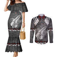 New Zealand Weka Personalised Couples Matching Mermaid Dress and Long Sleeve Button Shirt Aotearoa Hen Silver Fern Maori Pattern LT22 Black - Polynesian Pride