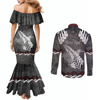 New Zealand Weka Personalised Couples Matching Mermaid Dress and Long Sleeve Button Shirt Aotearoa Hen Silver Fern Maori Pattern LT22 - Polynesian Pride