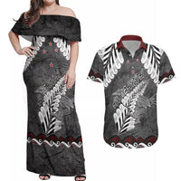 New Zealand Weka Personalised Couples Matching Off Shoulder Maxi Dress and Hawaiian Shirt Aotearoa Hen Silver Fern Maori Pattern LT22 Black - Polynesian Pride