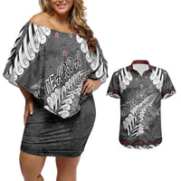 New Zealand Weka Personalised Couples Matching Off Shoulder Short Dress and Hawaiian Shirt Aotearoa Hen Silver Fern Maori Pattern LT22 Black - Polynesian Pride