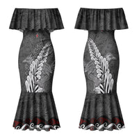 New Zealand Weka Personalised Family Matching Mermaid Dress and Hawaiian Shirt Aotearoa Hen Silver Fern Maori Pattern LT22 Mom's Dress Black - Polynesian Pride