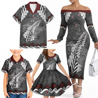 New Zealand Weka Personalised Family Matching Off The Shoulder Long Sleeve Dress and Hawaiian Shirt Aotearoa Hen Silver Fern Maori Pattern LT22 - Polynesian Pride