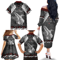 New Zealand Weka Personalised Family Matching Off The Shoulder Long Sleeve Dress and Hawaiian Shirt Aotearoa Hen Silver Fern Maori Pattern LT22 Mom's Dress Black - Polynesian Pride