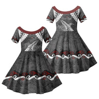 New Zealand Weka Personalised Family Matching Off The Shoulder Long Sleeve Dress and Hawaiian Shirt Aotearoa Hen Silver Fern Maori Pattern LT22 Daughter's Dress Black - Polynesian Pride