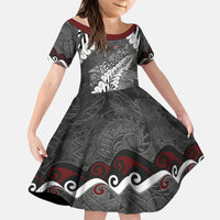 New Zealand Weka Personalised Kid Short Sleeve Dress Aotearoa Hen Silver Fern Maori Pattern LT22 KID Black - Polynesian Pride