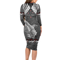 New Zealand Weka Personalised Long Sleeve Bodycon Dress Aotearoa Hen Silver Fern Maori Pattern LT22 - Polynesian Pride